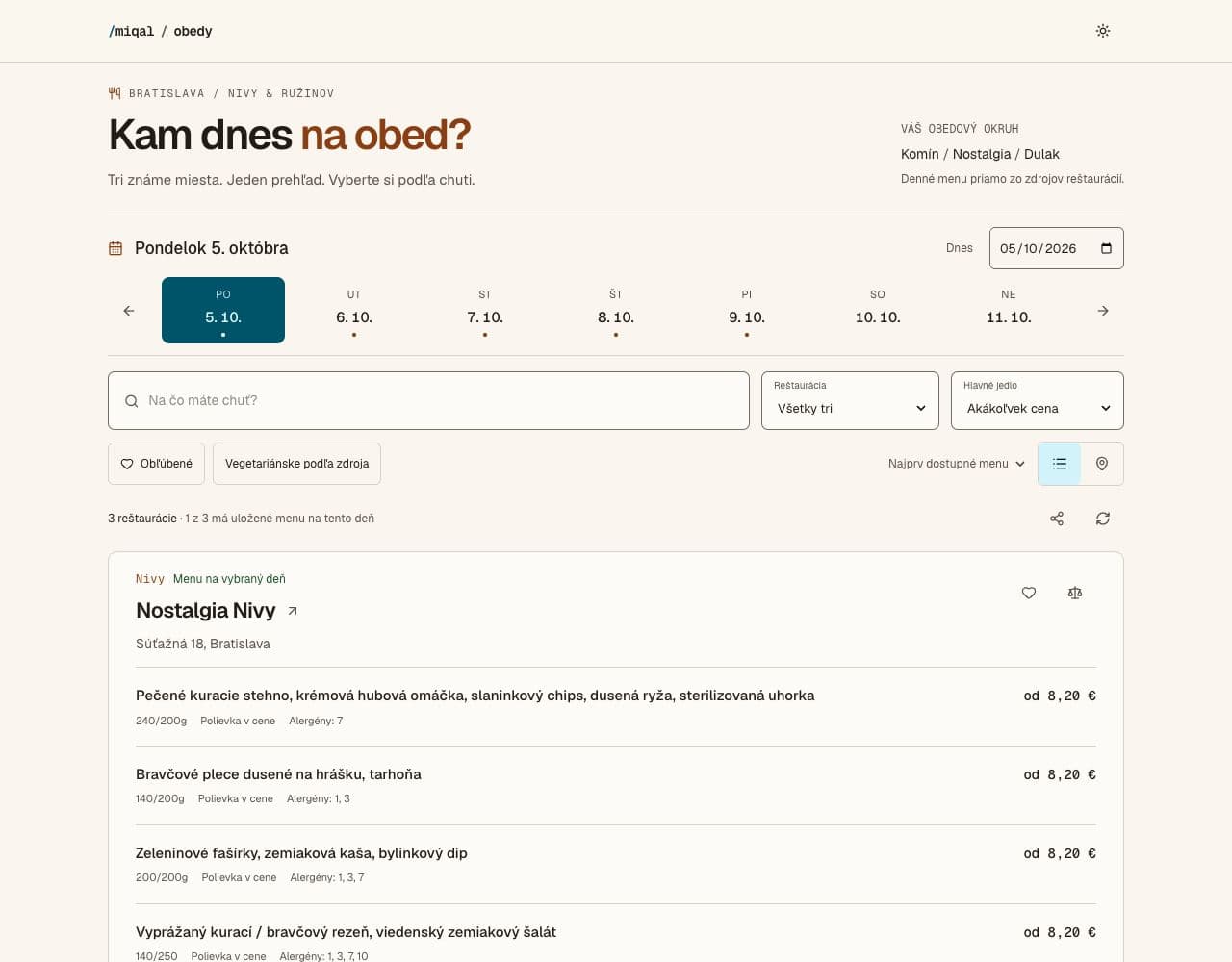Obedy showing a selected day, lunch filters and Nostalgia’s published menu with prices.